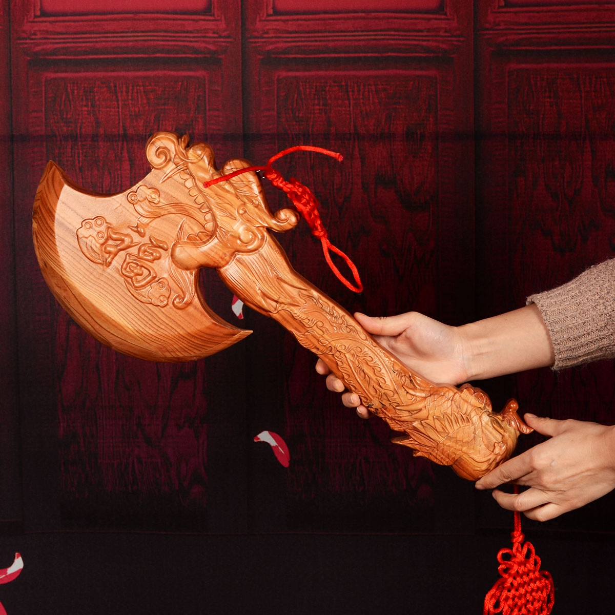 桃木风水阁斧子挂件搬家睚眦龙头斧头木雕摆件木雕