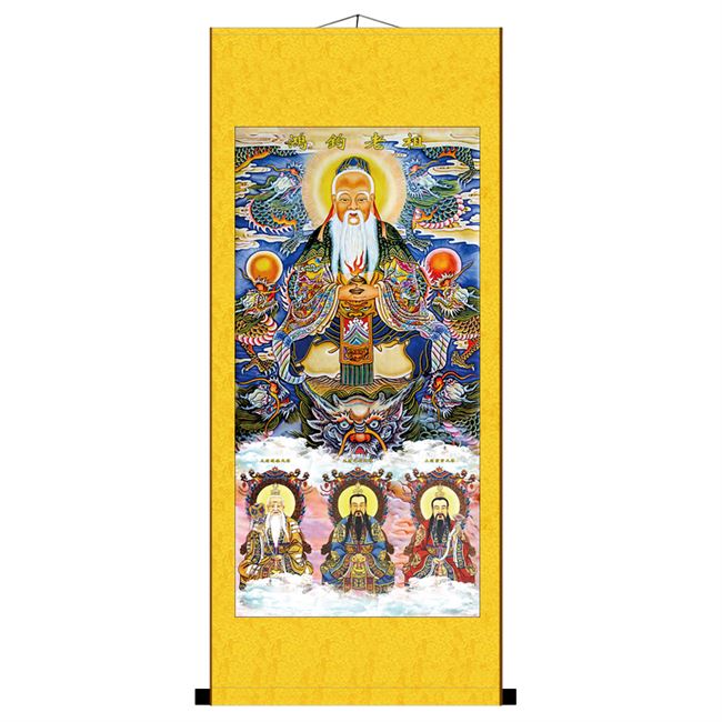 丝绸道教国画新品鸿钧三清老祖神像画像法场国画