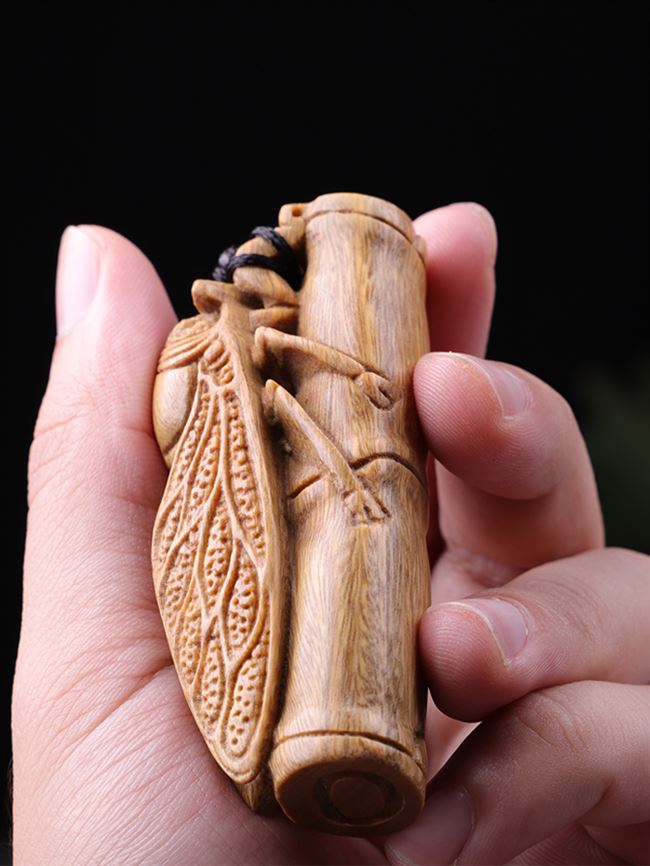 竹节木质木雕绿檀手把一鸣惊人手工工艺品金蝉抱竹木雕