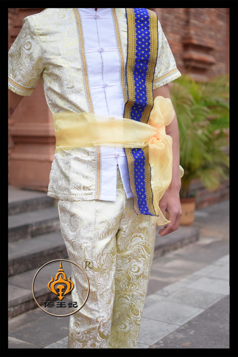 傣王妃服饰傣族传统男装白色立领短袖帽子舞台民族服装