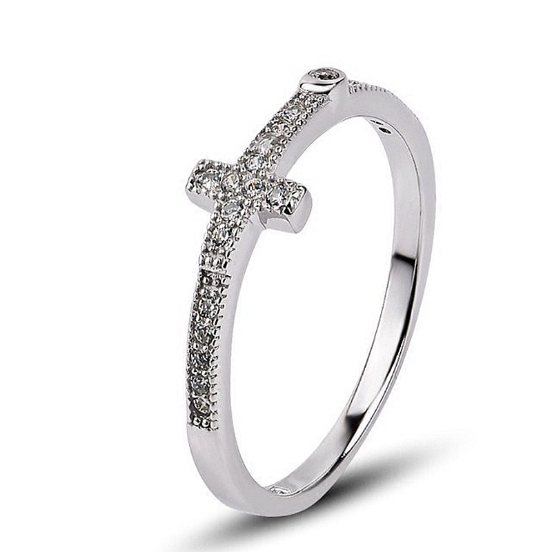 纯正s925纯银白金十字架戒指活口镶钻锆石指环戒指