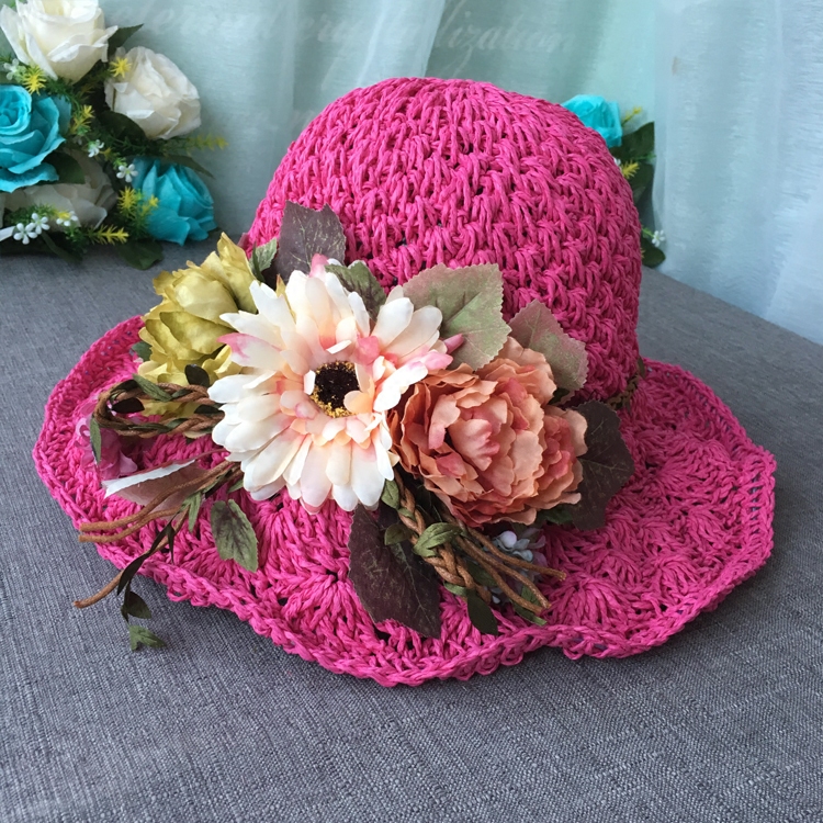 波斯手编花朵草帽女夏清新田园文艺遮阳帽夏天出游帽子