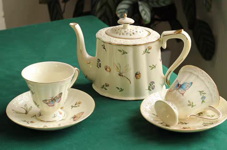 花茶茶壶蝴蝶法式vintage花卉描金下午下午茶茶具茶壶