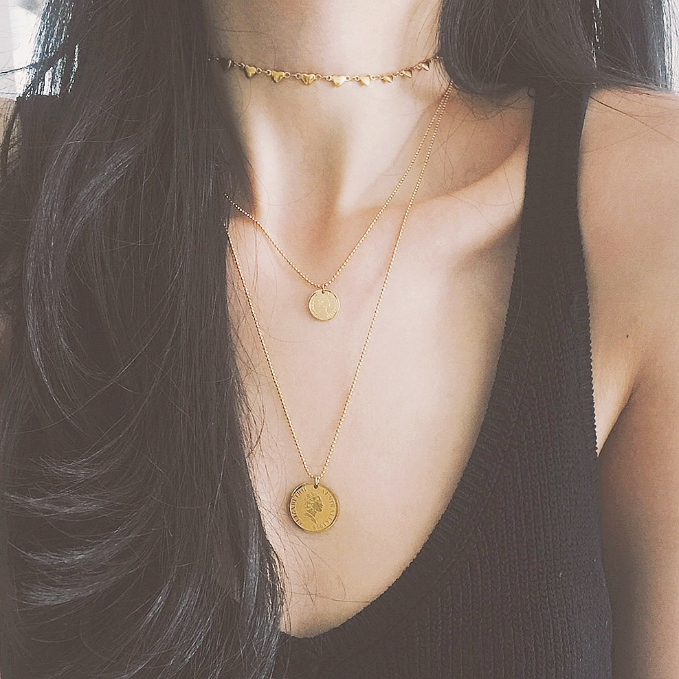 noblelady日韩简约18k包金复古女王头像金币项链
