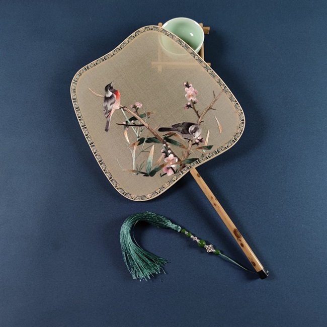 制扇紫竹通柄宋风团扇宫扇手工刺绣真丝双面工艺扇