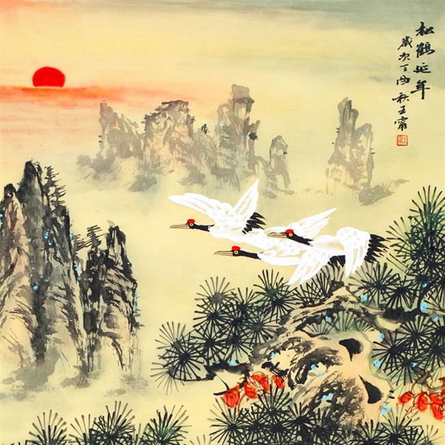 松鹤延年图挂画 富贵长春牡丹仙鹤青松画 贺寿装饰画丝绸画卷轴画