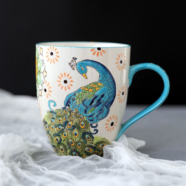杯子手工绘制陶瓷孔雀孔雀花花纹马克杯水水杯马克杯