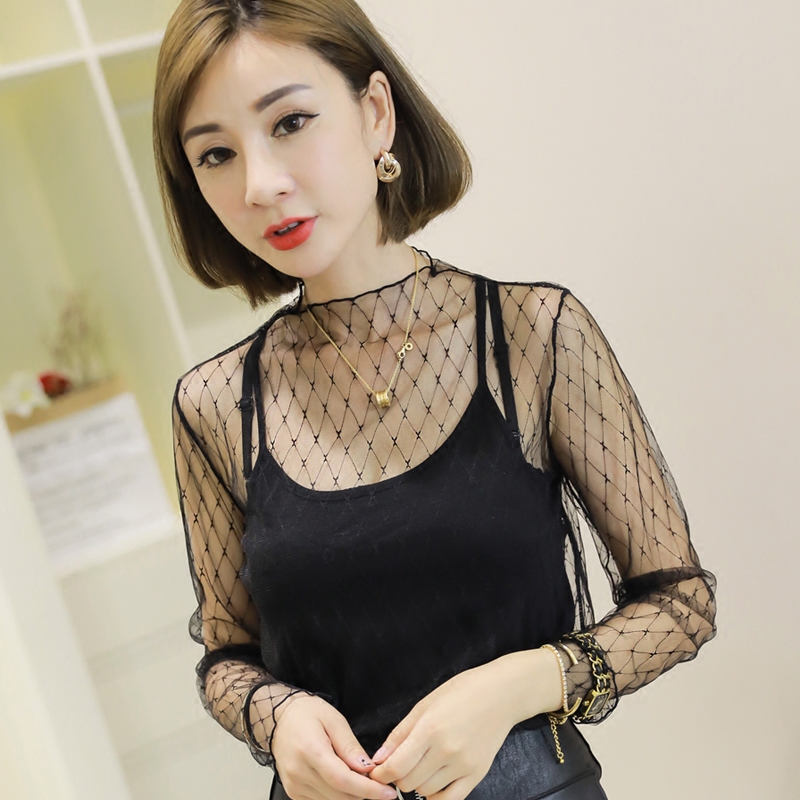 网纱上衣2018新款透视镂空秋冬内搭渔网长袖蕾丝衫