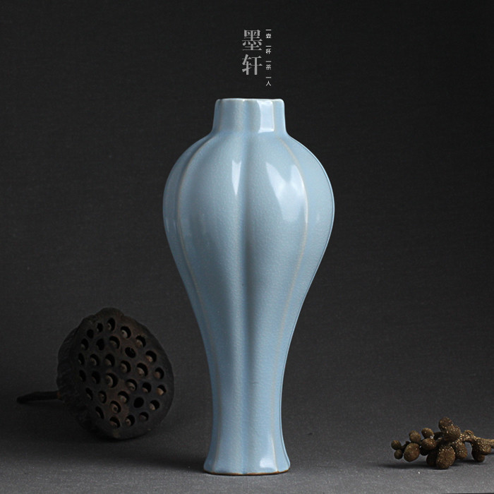 正品问鼎鼎峰汝瓷汝窑瓷器天蓝色菱线瓶花瓶茶道茶宠摆件