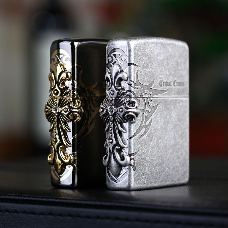zippo打火机正版正品韩版黑冰古银侧面十字架飞得zippo