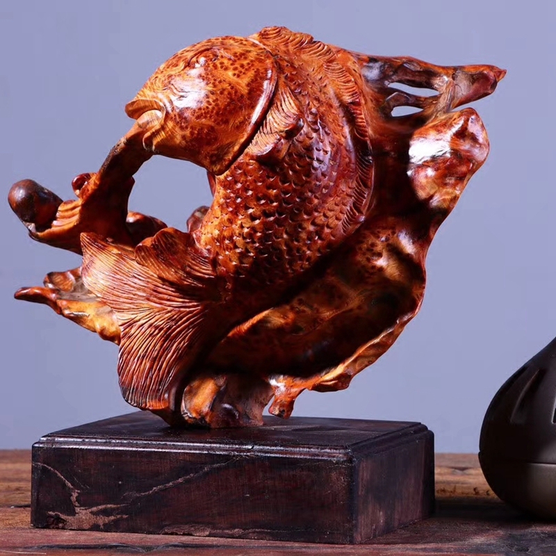 崖柏根雕摆件凉山年年有鱼满瘤疤手工木雕客厅书房根雕