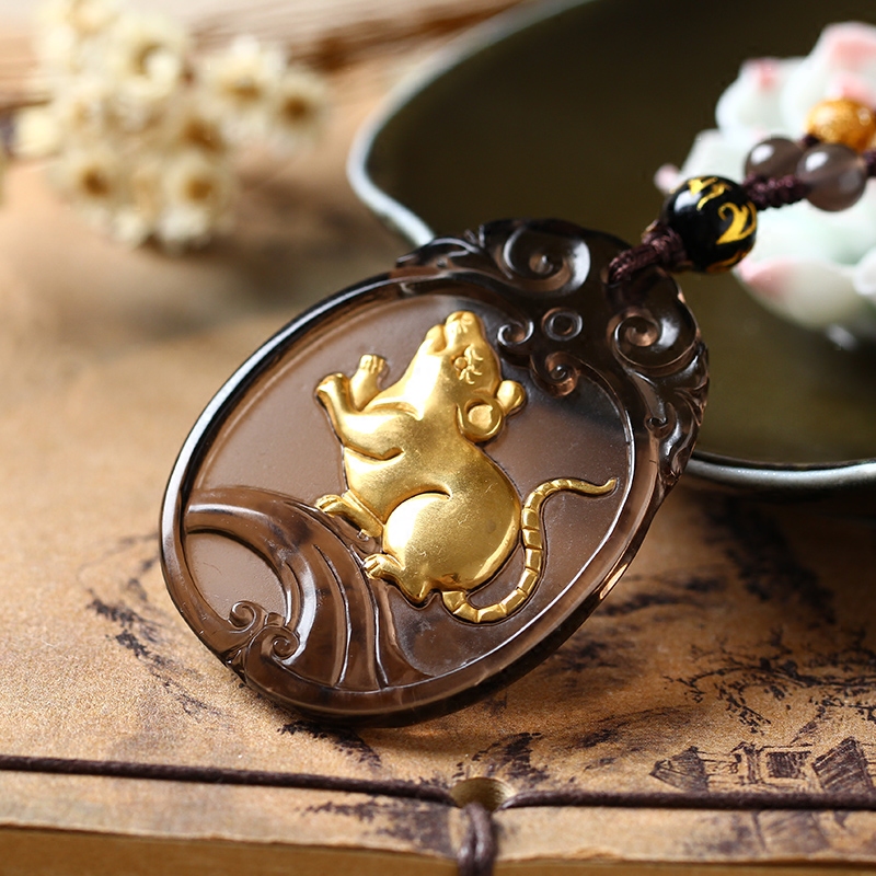 开光冰种曜石镀金金灵鼠赐瑞属老鼠玉鼠吊坠项坠