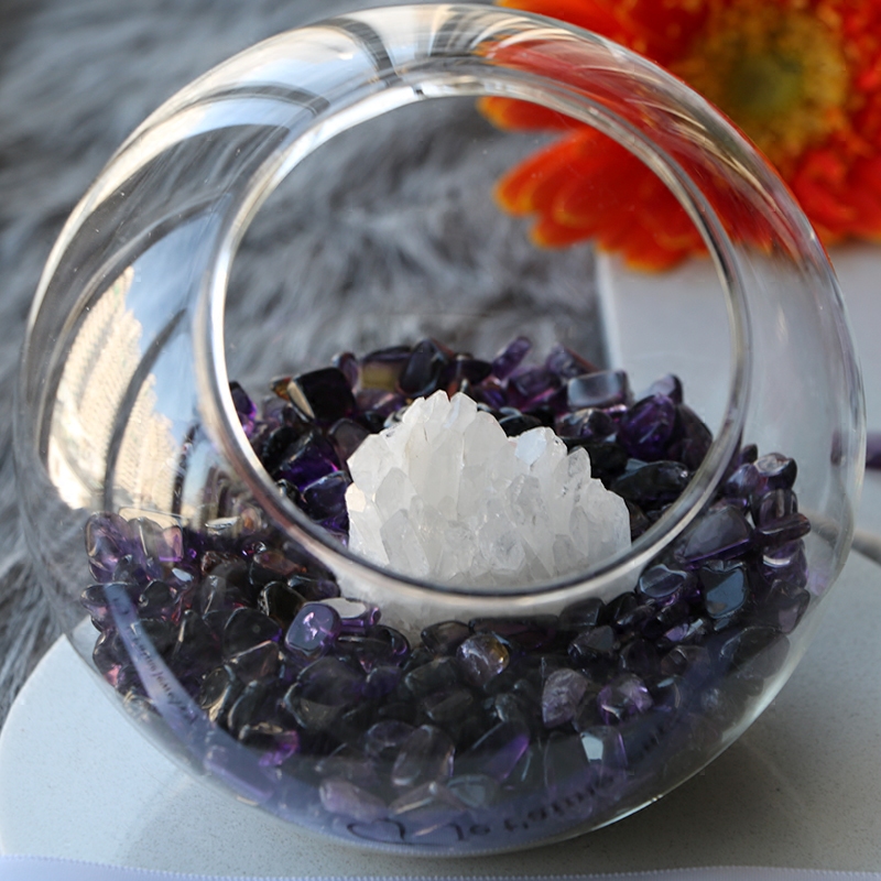 天然水晶消磁碗紫白粉水晶石曜石白晶簇玻璃家居饰品收纳摆件