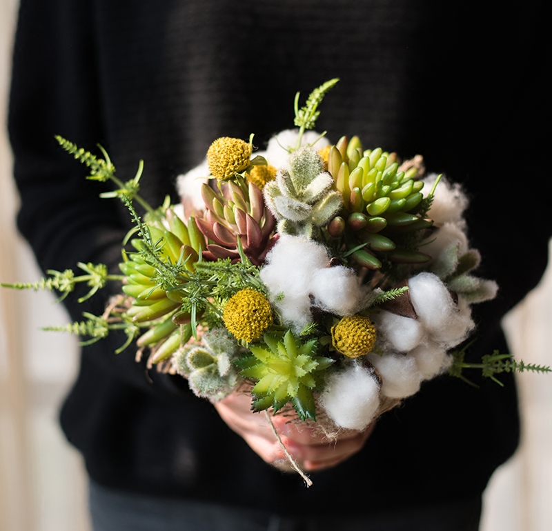 掬涵棉花元素花束手捧花装饰设计师花艺森系婚礼棉桃干枝多肉