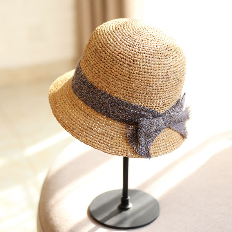 草帽手工钩针极细拉菲拉菲草宽檐盆帽可折叠优雅帽子