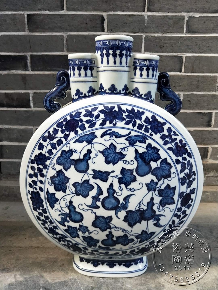 花瓶景德镇陶瓷摆件手绘仿古青花葫芦三管扁瓶客厅花瓶