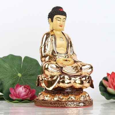 三世莲花12寸纯铜鎏金释迦牟尼阿弥陀药师三佛30cm摆件