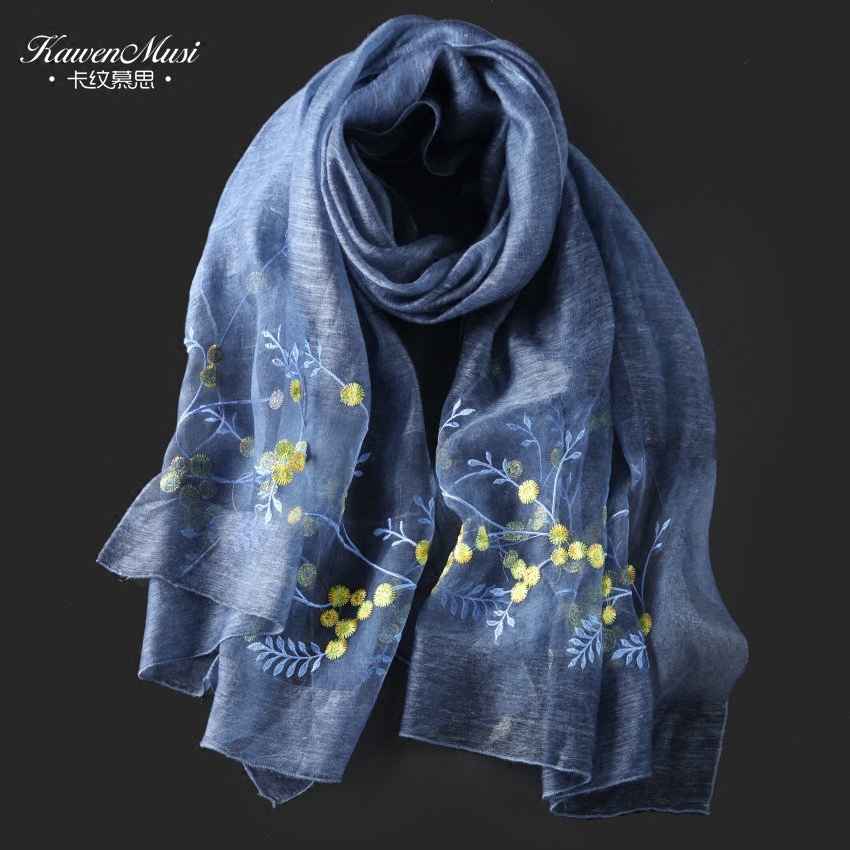 秋冬新品薄丝羊毛长围巾真丝羊毛混纺绣花女丝巾满天星刺绣披肩