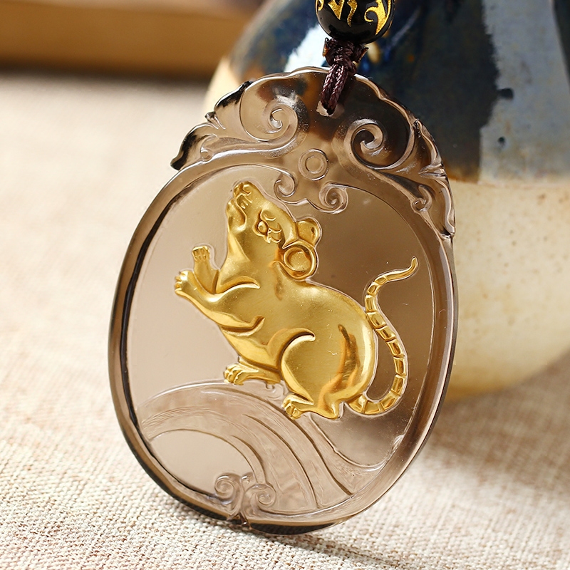 开光冰种曜石镀金金灵鼠赐瑞属老鼠玉鼠吊坠项坠