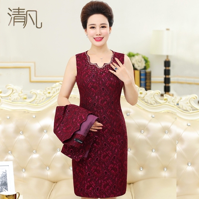 清凡婚礼妈妈高端秋装婚宴装喜婆婆礼服连衣裙蕾丝两件套装中老年女装