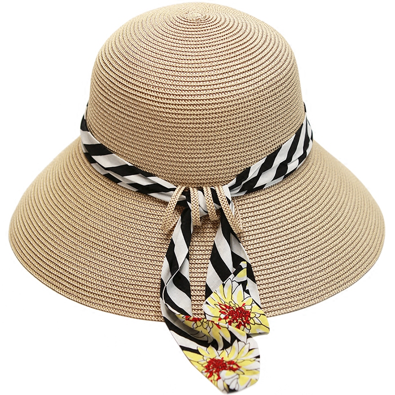 渔夫条纹圆顶大边宽檐平直帽檐女士防晒可折叠帽子