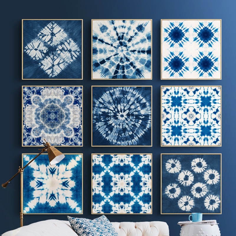 蓝调现代简约地中海风格玄关装饰画印染图案客厅挂画现代装饰画