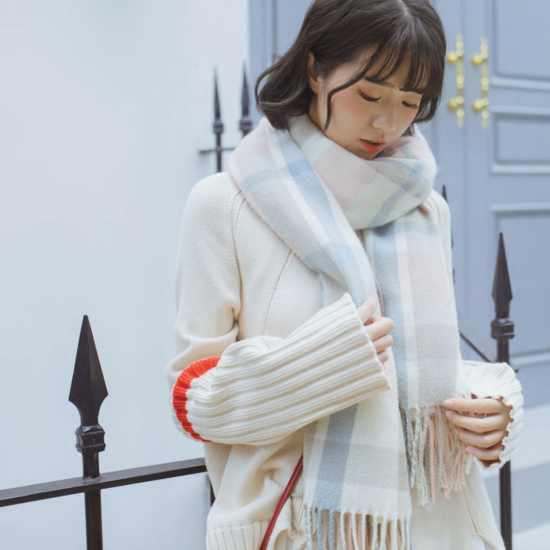 日系小清新围巾冬季韩版百搭流苏格子学生保暖围巾