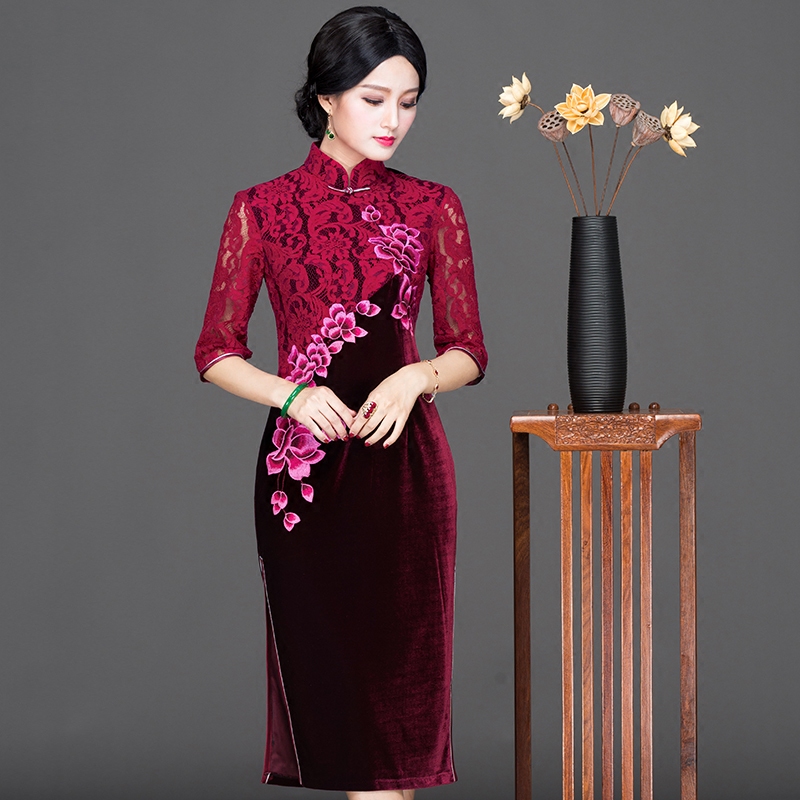华族经典金丝绒旗袍裙显修身时尚改良中长高档宴会旗袍