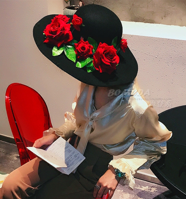 绝美中世纪花园复古甜美红玫瑰花苞圆顶大檐礼帽帽子