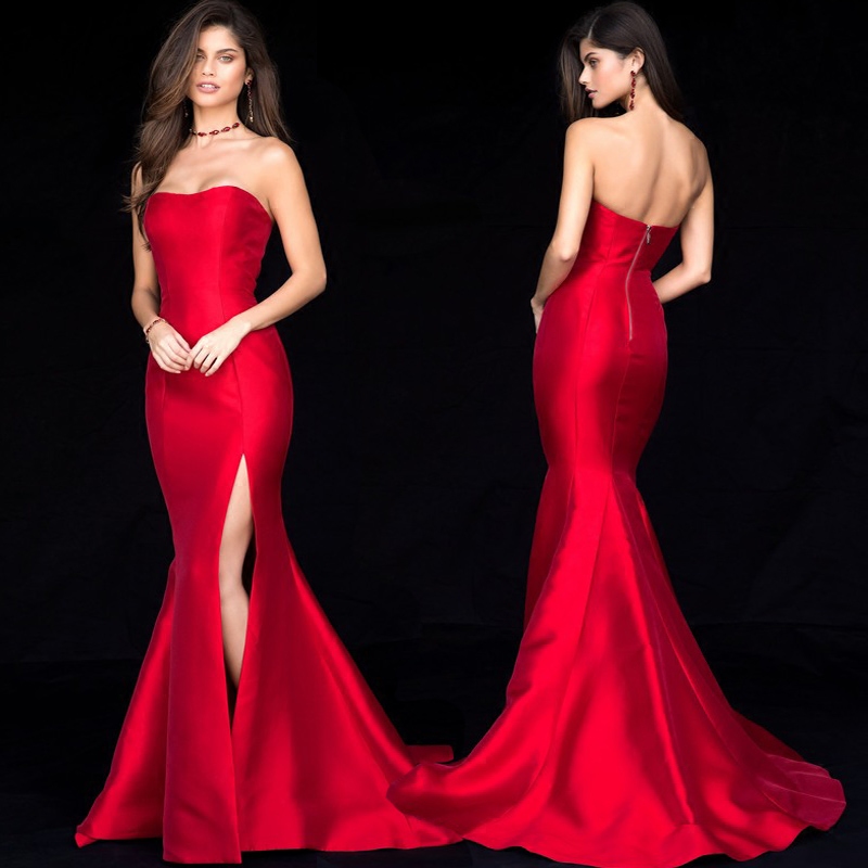 现代红色缎面简约抹胸晚礼服长款新娘结婚敬酒礼服
