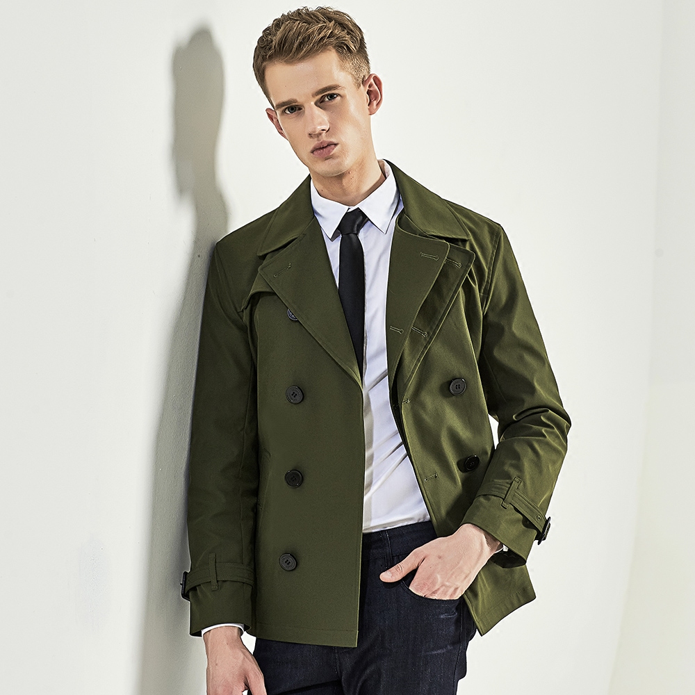风衣优杰青年短款男双双排扣军绿色男士英伦风衣