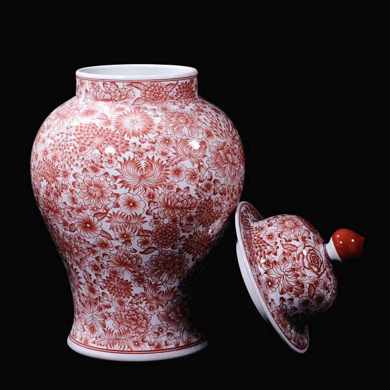 景德镇花瓶陶瓷器高档仿古手绘釉里红色将军盖罐花瓶