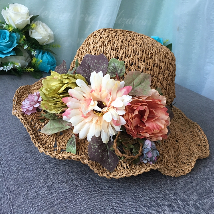 波斯手编花朵草帽女夏清新田园文艺遮阳帽夏天出游帽子