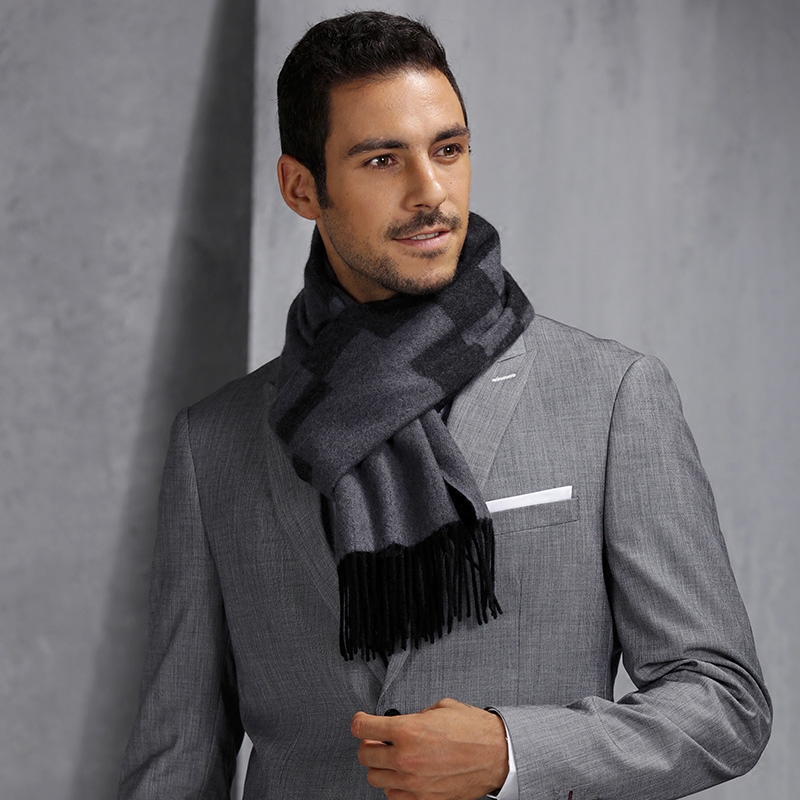 恒源祥纯山山羊绒男士格子围巾商务长款保暖双面围巾