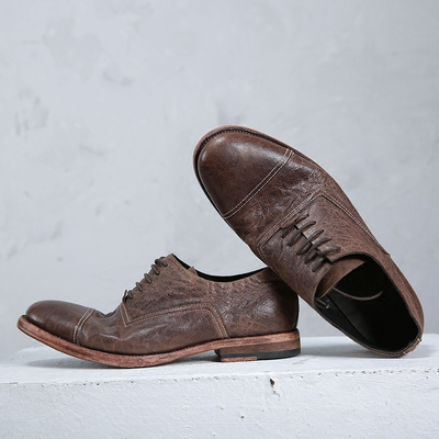 辳朴固特异男鞋手工水洗做旧皮鞋翘头软底商务英伦复古休闲皮鞋男