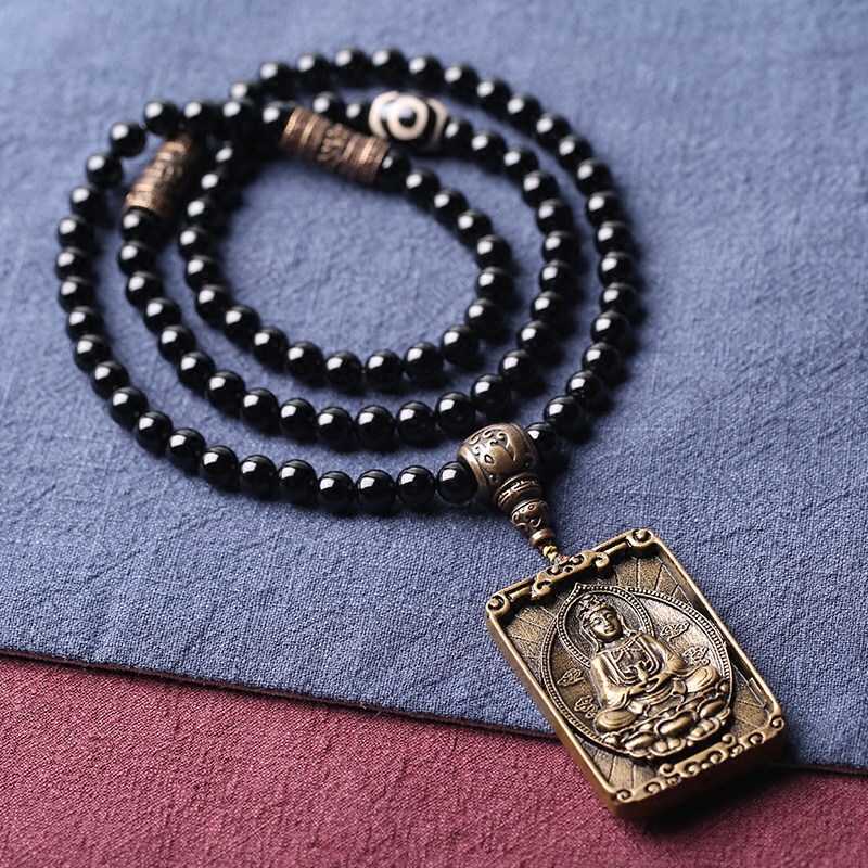 天然玛瑙天珠项链男士圆珠链银泰国佛牌日韩版项链