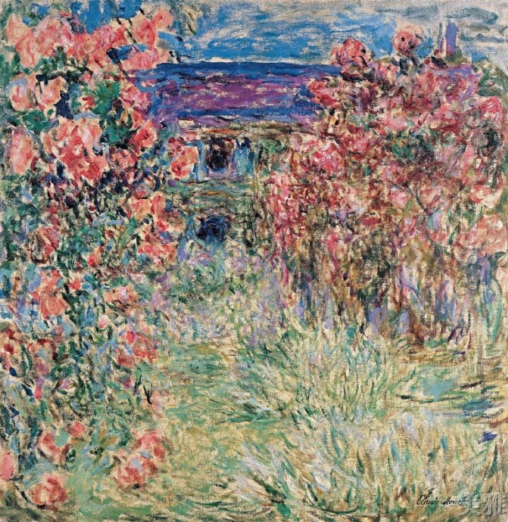 莫奈画作门外玫瑰高仿油画北欧欧式装饰画框画现代装饰画