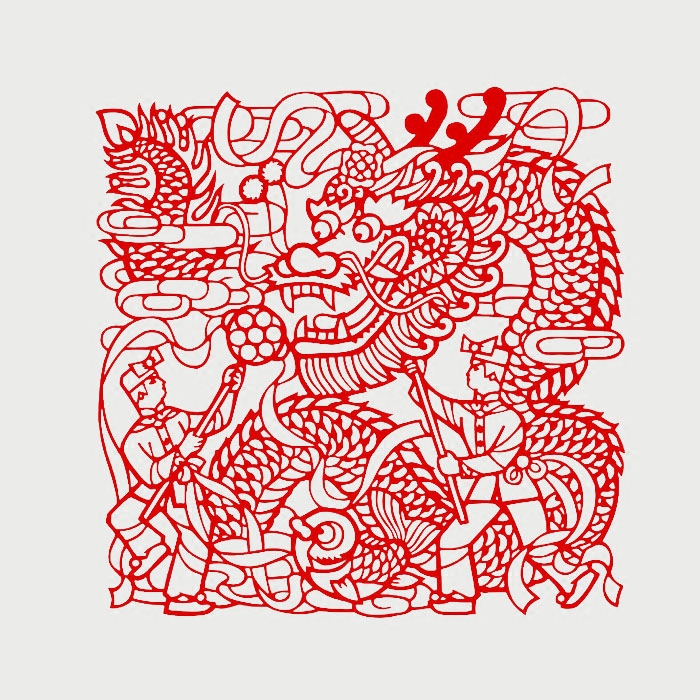 百色传统手工窗花剪纸庆新年春节舞龙龙狮作品喜字