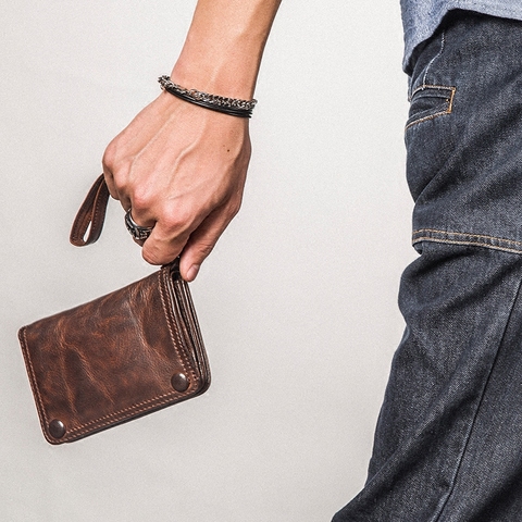 aphe潮包:真皮钱包男短款竖款 多功能驾驶证卡包男士 手工复古潮牌