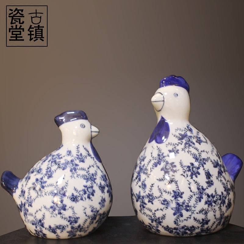 古典中式家具陶瓷青花鸡摆件景德镇陶瓷软装饰招财桌面摆设对鸡