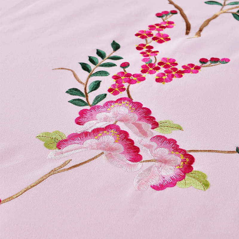 威鸣婚庆纯棉被套四件件套粉色绣花合欢花刺床品套件