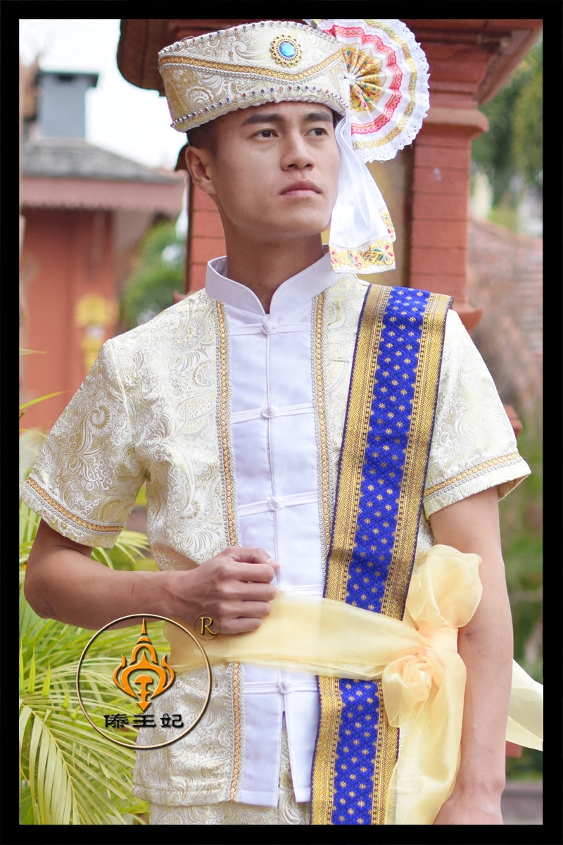 傣王妃服饰傣族传统男装白色立领短袖帽子舞台民族服装