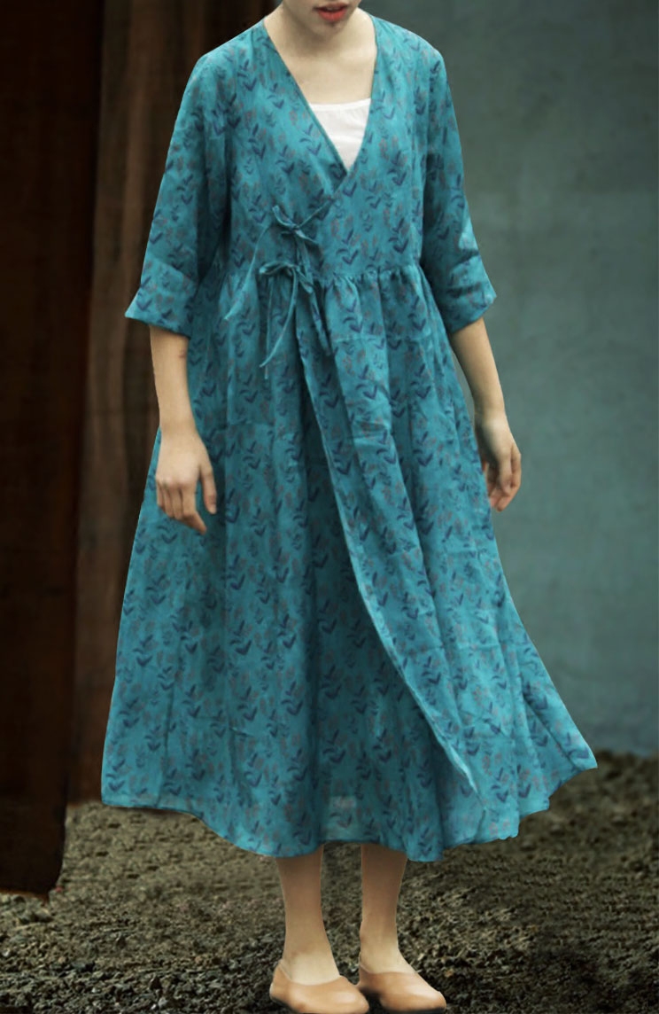 宽松裙子大摆复古苎麻系带连衣裙文艺印花夏装连衣裙