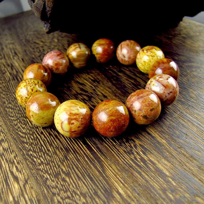 相石缘罕见菩提18mm红黄树化玉木化石手链男手串手链