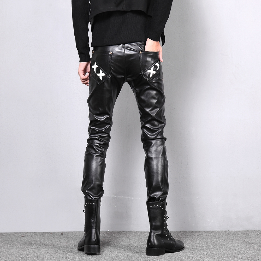 秋冬休闲男士皮裤男加长裤韩版青少年修身潮流皮裤