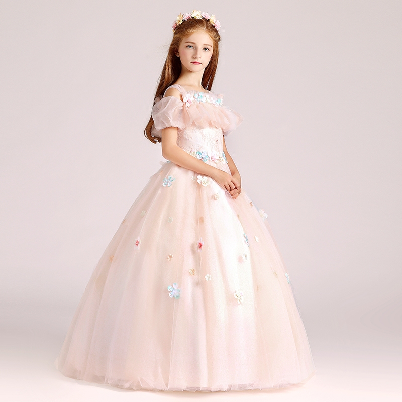 儿童晚礼服公主裙一字肩大花童婚纱主持蓬蓬裙女孩生日连衣裙长款