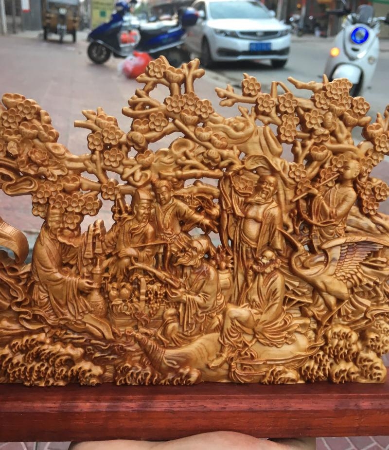 崖柏黄杨木雕八仙过海摆件实木雕刻招财家居客厅木雕