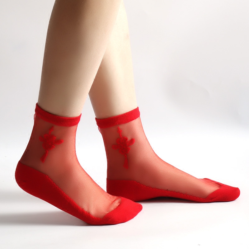 丝袜冬爱结婚用红袜子女蕾丝薄款新娘棉底红色中筒袜