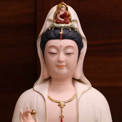 家用德化白瓷观音佛像供奉白衣持珠宝珠菩萨娑婆三圣摆件