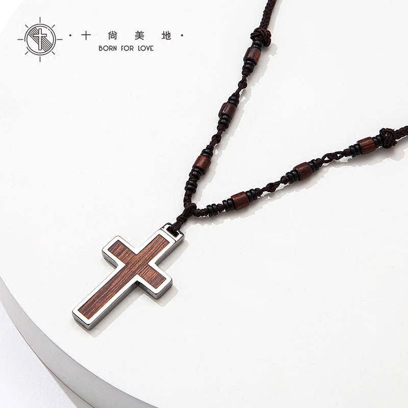 重生 轻奢钨金桃芯红木十字架男项链手工款挂绳挂件时尚运动吊坠